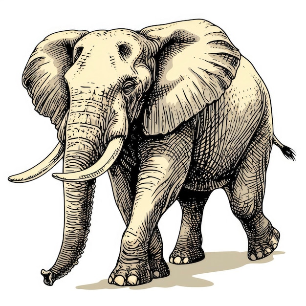 Photo image colorée d'éléphant en gravure sur bois de style vintage ancien dessinée à la main graphiques simples isolés sur blanc