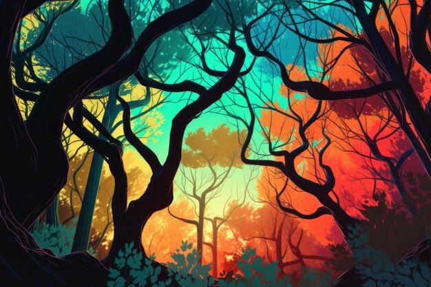 Une image colorée d'une forêt avec des arbres et le ciel en arrière-plan.