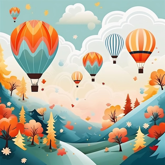 une image colorée d'une forêt avec un groupe d'arbres et un ballon d'air chaud