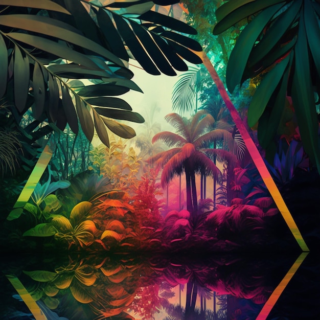 Une image colorée d'une forêt tropicale avec un miroir qui dit "le mot jungle".