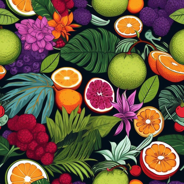 Une image colorée de fruits et de fleurs sur fond noir.