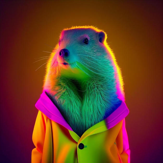 Une image colorée d'un furet portant une veste.