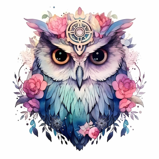 une image colorée d'un hibou avec un bandeau bleu et des fleurs