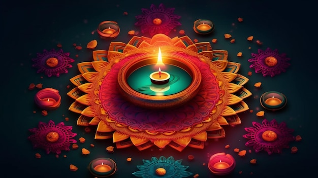 Une image colorée d'une lampe et des mots diwali.