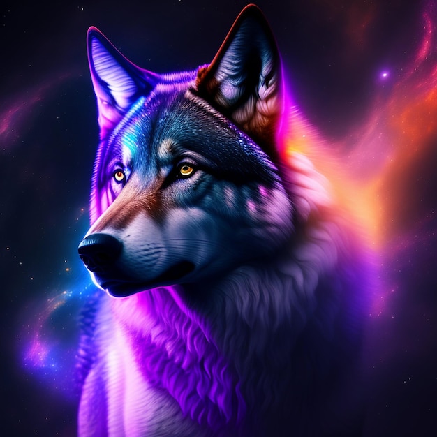 Une image colorée d'un loup avec un fond violet.