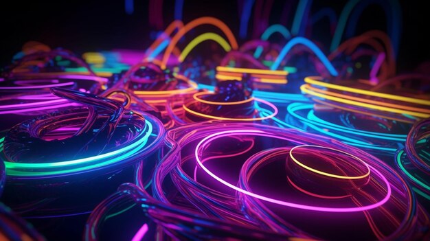Une image colorée d'un néon avec un tas de fils au milieu