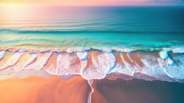 Une image colorée d'une plage avec des vagues se brisant sur le sable.
