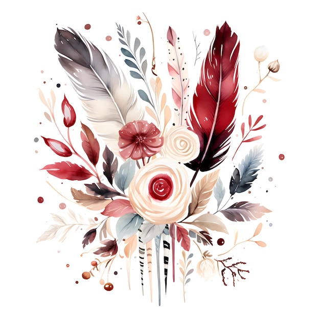 une image colorée de plumes et de plumes avec une fleur rouge