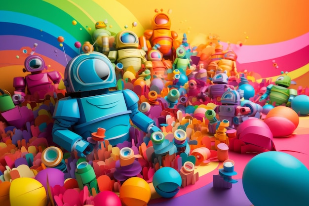 Une image colorée de robots et d'autres objets avec un fond arc-en-ciel.
