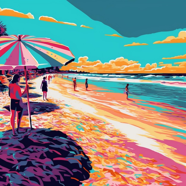 une image colorée d'une scène de plage avec des gens sur la plage et un parapluie coloré.