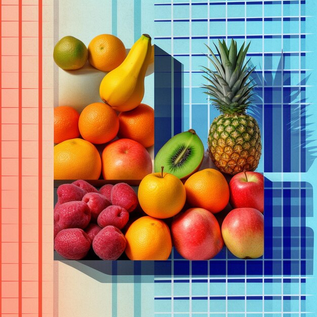 Photo une image colorée d'une variété de fruits, y compris des oranges, des ananas et des ananas.