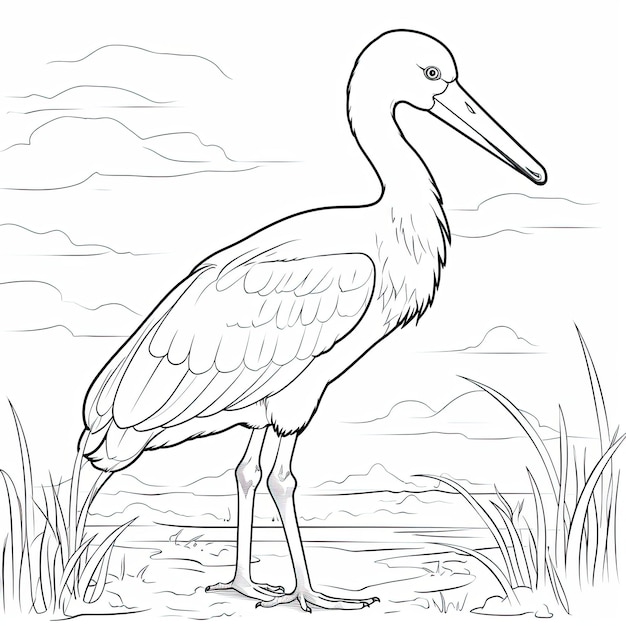 Image à colorier en noir et blanc d'une cigogne