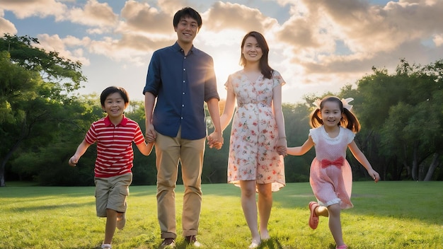 Image complète d'une jeune famille asiatique en arrière-plan