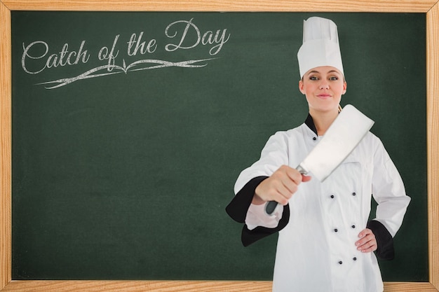 Image composée du portrait du chef féminin avec le couperet de viande