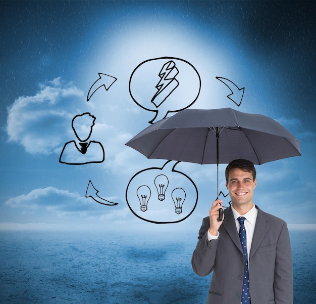 Image composée d'homme d'affaires heureux tenant le parapluie gris