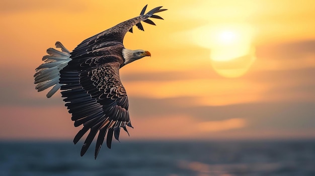 image composite d'un aigle à tête blanche volant au coucher du soleil Génératif Ai