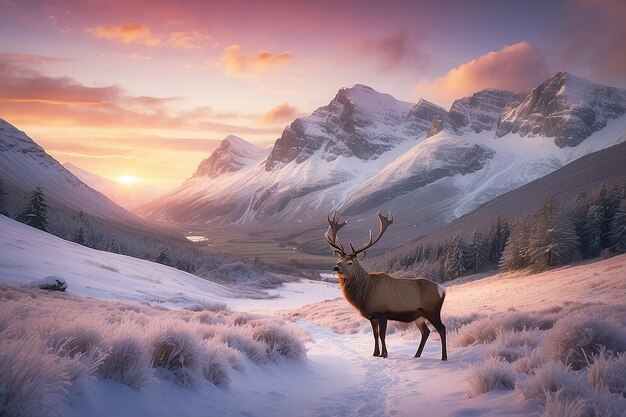 Image composite d'un cerf rouge dans Beautiful Alpen Glow frappant les sommets des montagnes des Highlands écossais pendant le magnifique lever du soleil du paysage hivernal