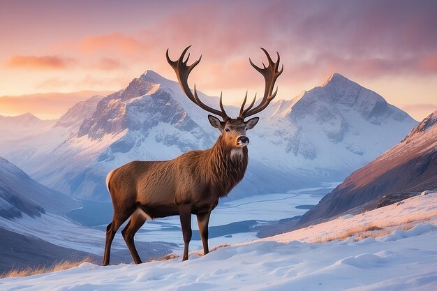 Image composite d'un cerf rouge dans Beautiful Alpen Glow frappant les sommets des montagnes