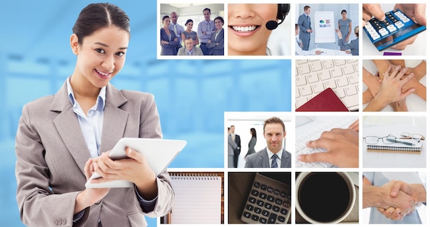 Image composite du portrait d'une femme d'affaires souriante à l'aide d'un ordinateur tablette