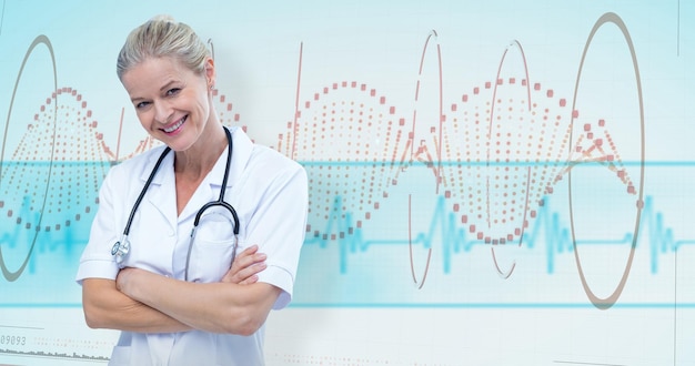 Image composite du portrait d'une femme médecin souriante debout les bras croisés