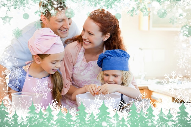 Photo image composite de famille heureuse aime cuisiner ensemble contre la neige