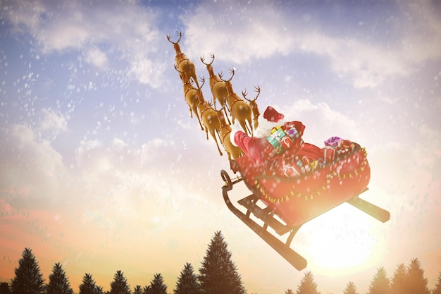 Image composite de high angle view of santa claus riding on sled with gift box