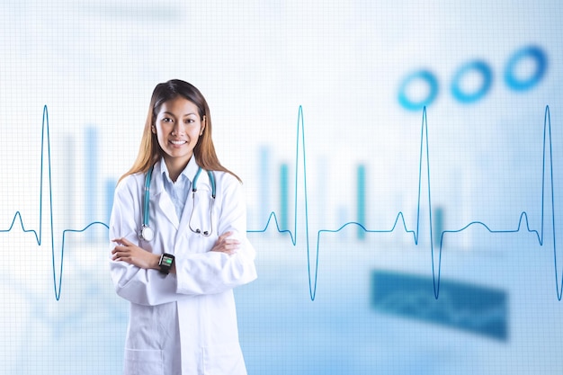 Image composite d'un médecin asiatique avec une montre intelligente croisant les bras