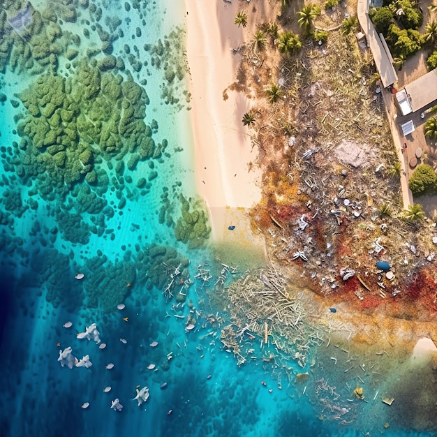 Image composite mettant en vedette une plage vierge avec des eaux cristallines et des récifs coralliens vibrants juxtaposés