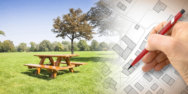 Photo image composite numérique du plan de dessin de l'architecte et du parc