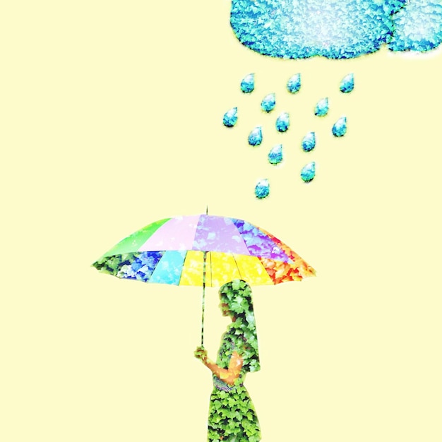 Photo image composite numérique d'une femme tenant un parapluie sur un fond jaune