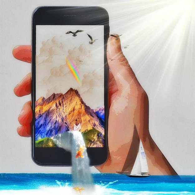Image composite numérique d'une main tenant un téléphone portable