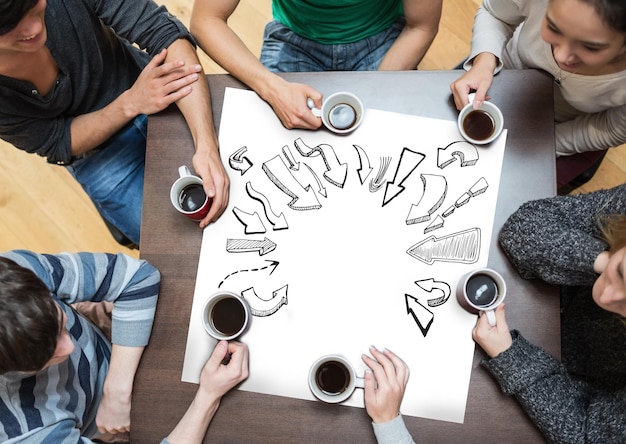 Image composite de personnes assises autour d'une table buvant du café