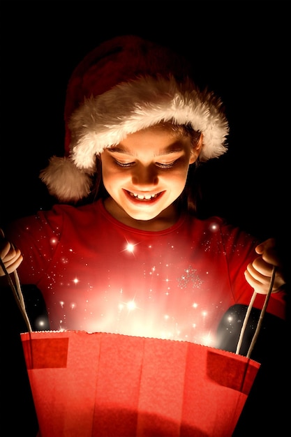 Photo image composite de petite fille ouvrant un cadeau de noël magique