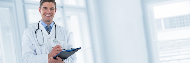 Image composite de portrait smiling doctor writing on clipboard