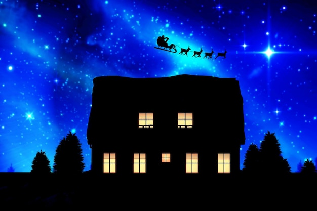 Image composite de la vue latérale du père noël à cheval sur un traîneau à Noël