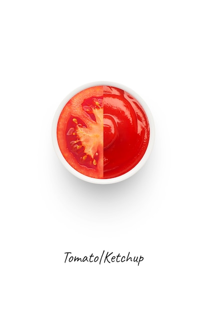 Image de concept de ketchup de tomate. Isolé sur fond blanc. Le ketchup est un condiment ou une sauce de table