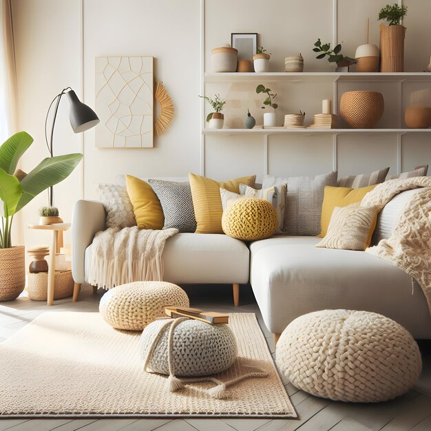 Image de la conception intérieure de la maison scandinave du salon moderne et des oreillers jaunes