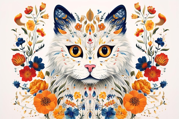 Image de la conception de motifs utilisant une tête de chat, des fleurs et des feuilles Illustration d'animaux de compagnie AI générative