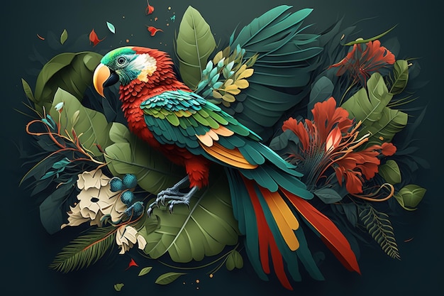 Image de la conception de perroquet avec des éléments de feuille Oiseau Animaux de compagnie Illustration Generative AI