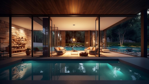 Image de conception d'un salon et d'une piscine à la pointe de la technologie Ressource créative générée par l'IA