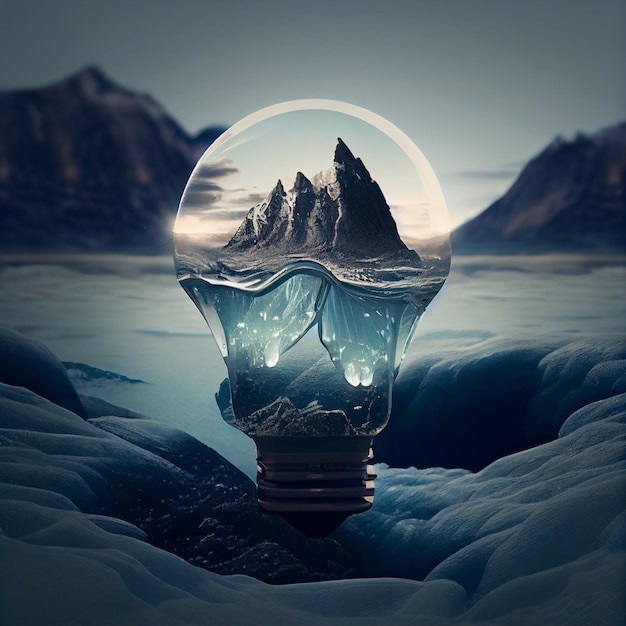 Image conceptuelle avec ampoule et montagnes en arrière-plan ai générative