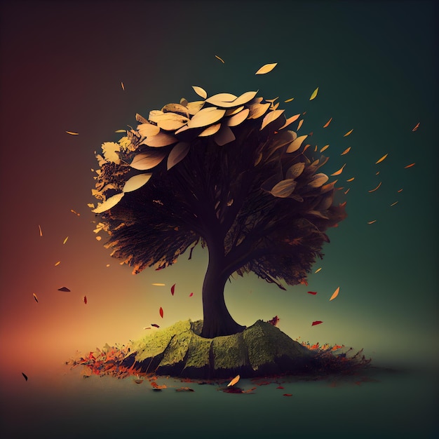 Image conceptuelle de l'arbre d'automne avec des feuilles qui tombent rendu 3d