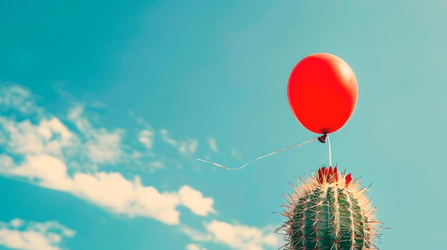 L'image conceptuelle d'un ballon rouge attaché à un cactus contre le ciel bleu symbolise le contraste et la persévérance parfait pour les projets créatifs AI