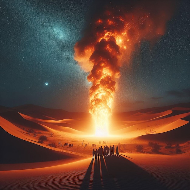 Image conceptuelle d'une catastrophe avec une explosion et des gens dans le désert