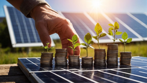 Image conceptuelle d'économies d'énergie et d'argent avec la main avec des pièces devant des panneaux solaires