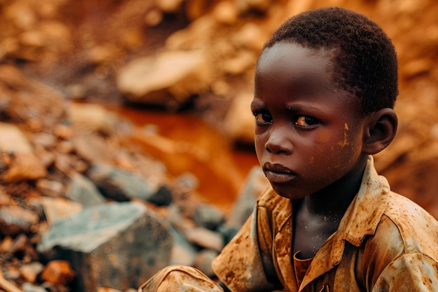 Photo image conceptuelle d'un enfant africain souffrant dans des conditions inhumaines d'extraction de cobalt