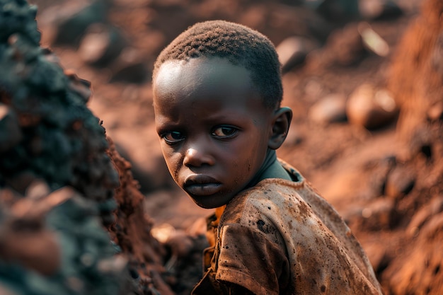 Photo image conceptuelle d'un enfant africain souffrant dans des conditions inhumaines d'extraction de cobalt