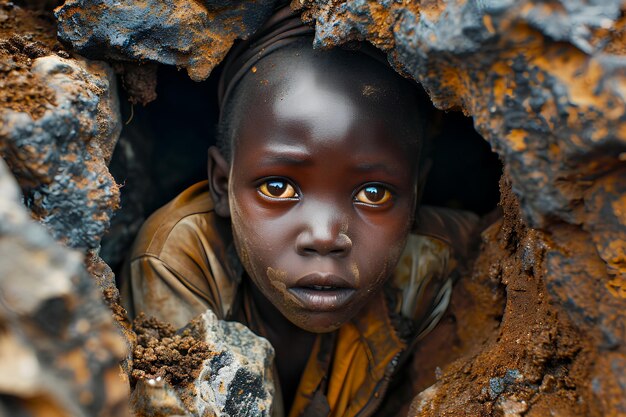 Photo image conceptuelle d'un enfant africain souffrant dans des conditions inhumaines d'extraction de cobalt