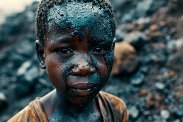 Image conceptuelle d'un enfant africain souffrant dans des conditions inhumaines d'extraction de cobalt