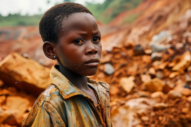 Photo image conceptuelle d'un enfant africain souffrant dans des conditions inhumaines d'extraction de cobalt